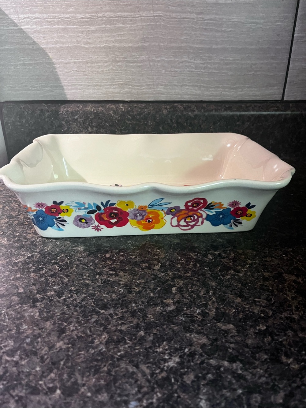 The Pioneer Woman Cream Ceramic Rectangular Baker with Multicolor Floral Border